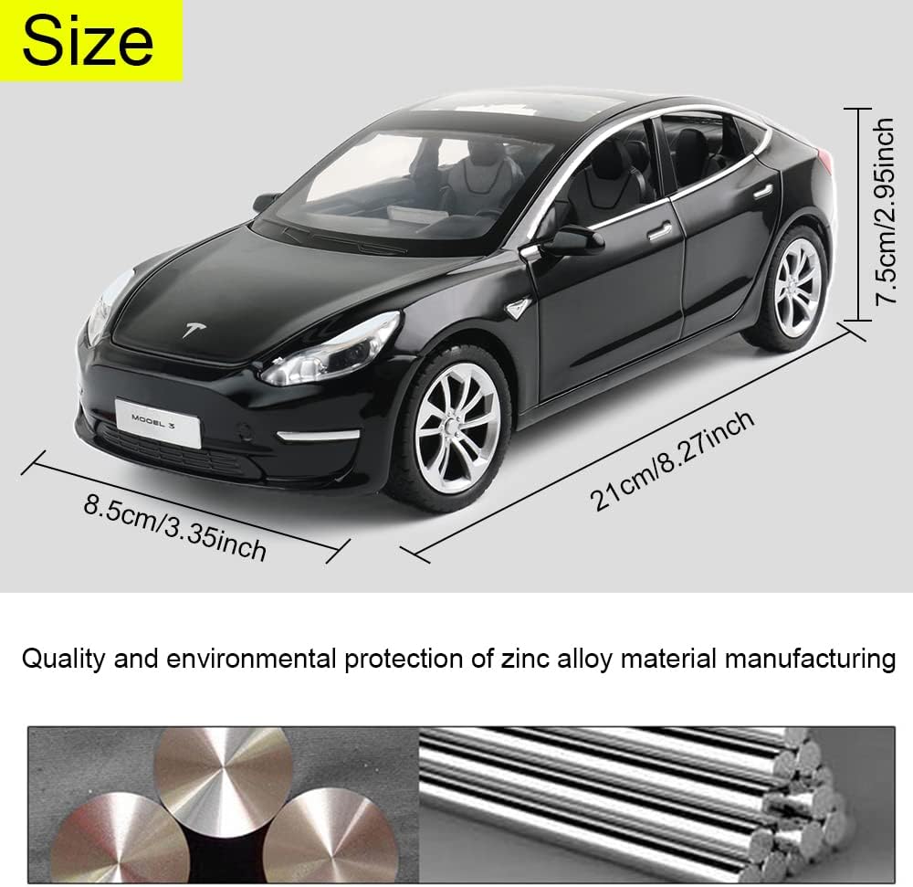 1/24 Diecast Model 3 Toy Car, Alloy Casting Pull Back Collectible Car Vehicles with Sound and Light, 6 Open Doors, Tesla Big Model 3 Car Model Toy for Kids Adults Birthday Gift (Black)