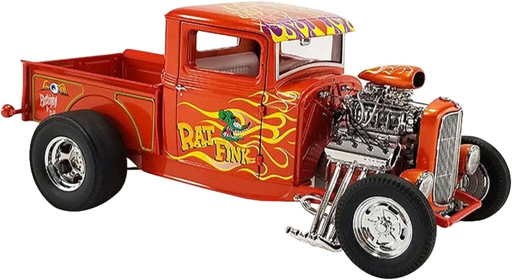 1932 Blown Hot Rod Pickup Truck Orange Metallic with Flames Rat Fink Limited Edition to 500 Pieces Worldwide 1/18 Diecast Model Car by Acme A1804102