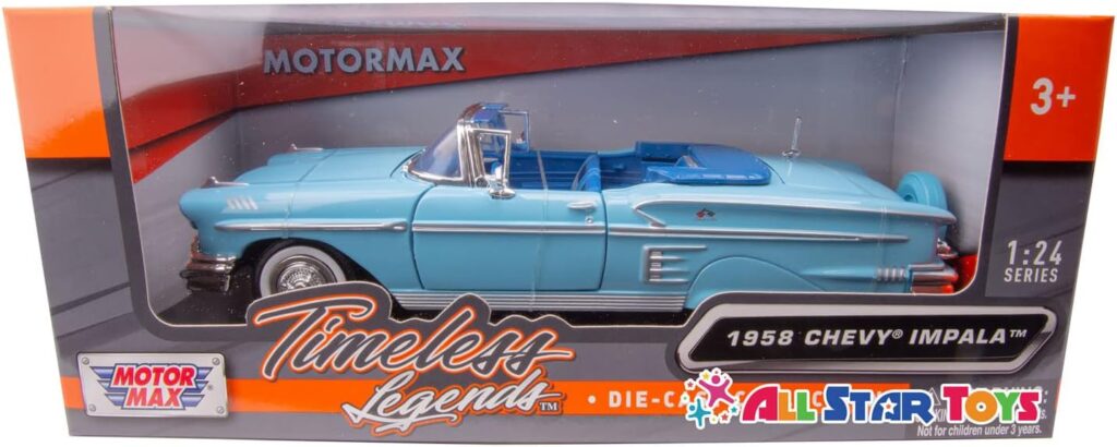 1958 Chevrolet Impala Convertible, Blue - Motormax Premium American 73267 - 1/24 Scale Diecast Model Car, unisex-children