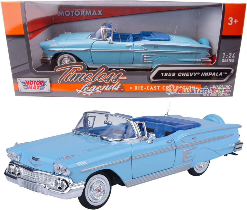 1958 Chevrolet Impala Convertible, Blue - Motormax Premium American 73267 - 1/24 Scale Diecast Model Car, unisex-children