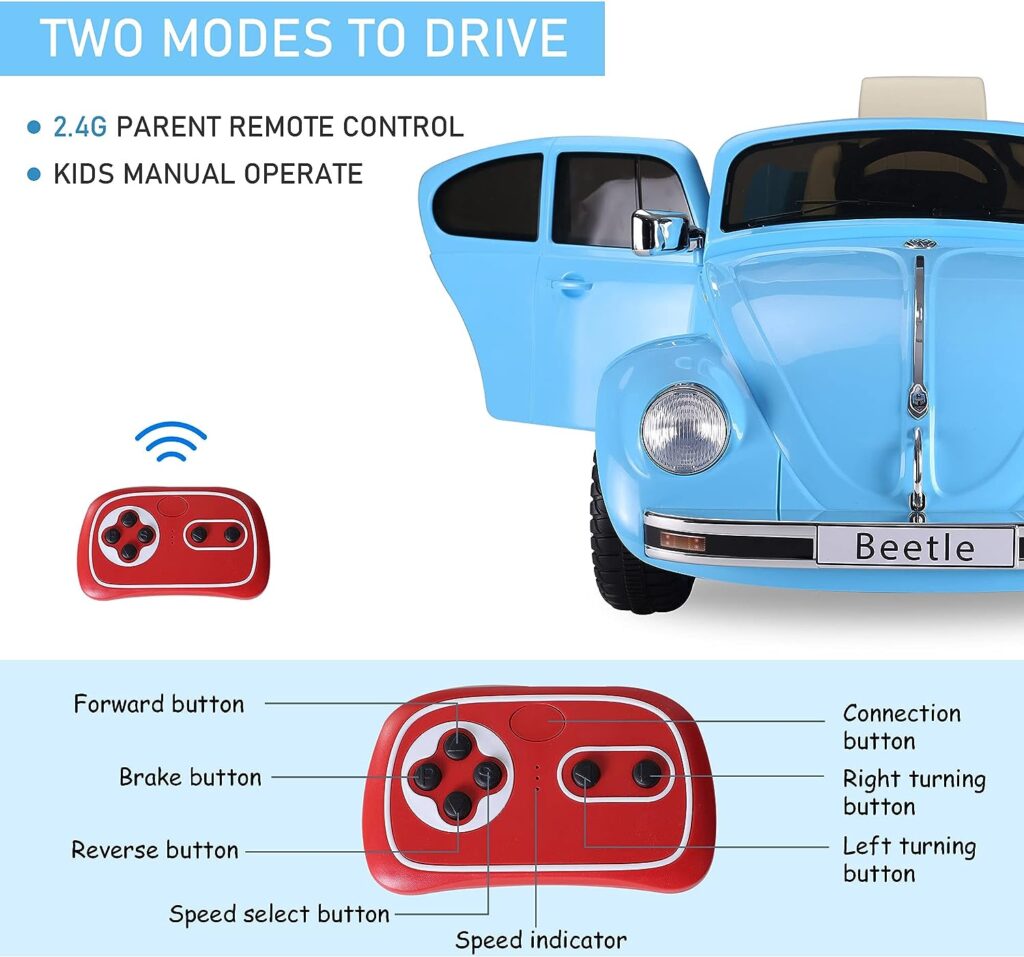 Aosom Licensed Volkswagen Beetle Electric Kids Ride-On Car 6V Battery Powered Toy with Remote Control Music Horn Lights MP3 for 3-6 Years Old Blue