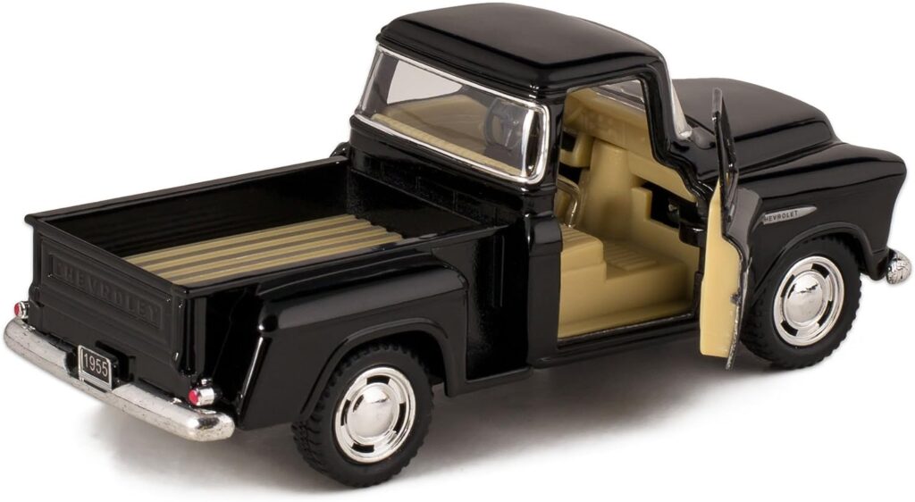 Black 1955 Chevy Stepside Pick-Up Die Cast Collectible Toy Truck by Kinsmart
