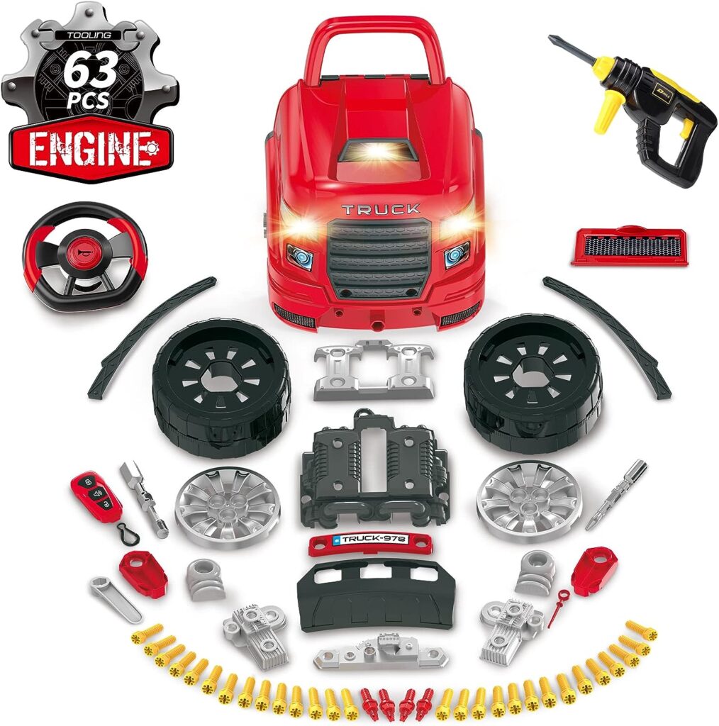 Deejoy Large Truck Engine Toy, Big Truck Builder Kit for Toddlers 3-5, Kids Mechanic Repair Set, Removable Engine Workshop with Light and Sound, Gift for 4 5 6 7 8 Boys