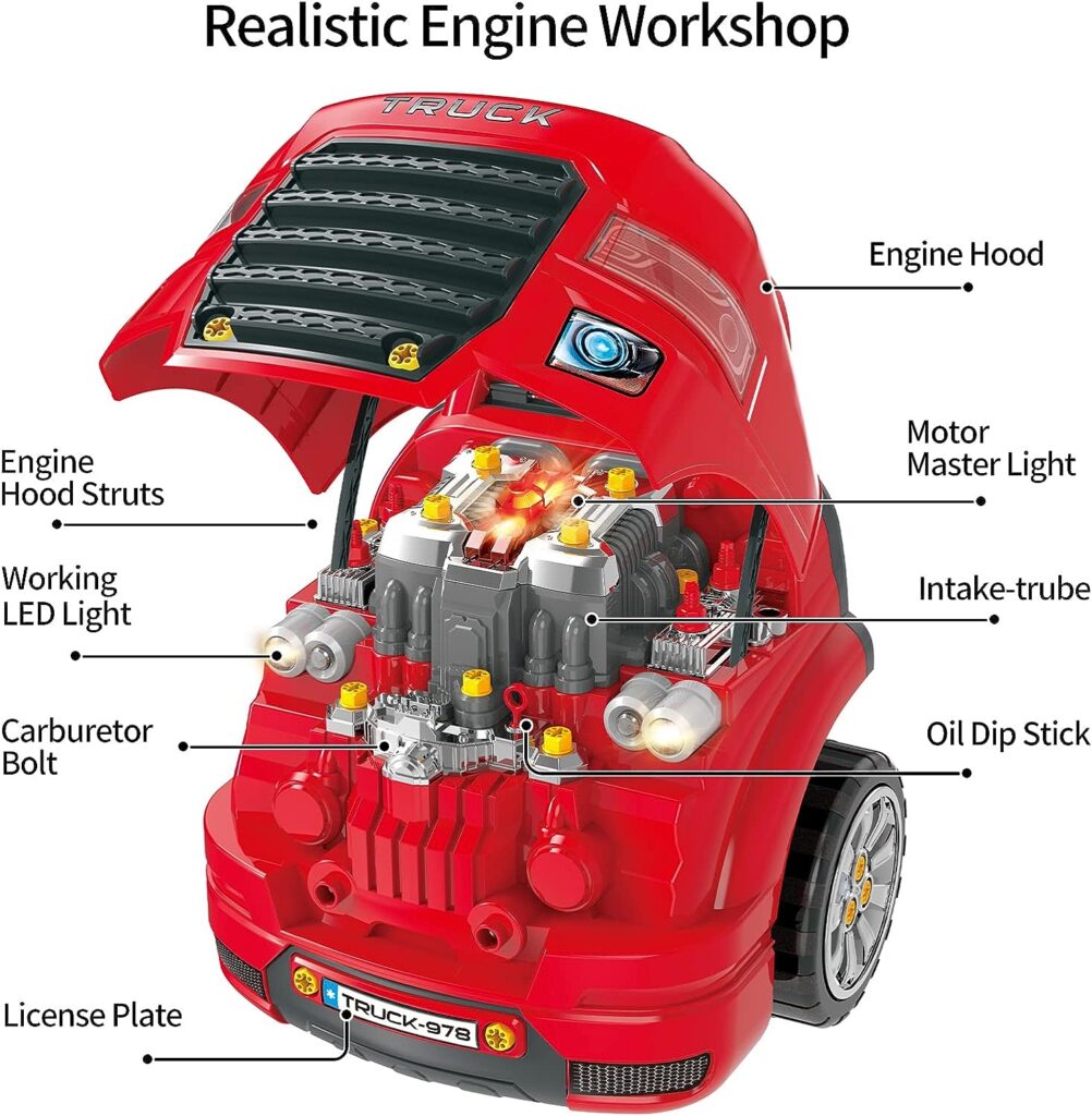 Deejoy Large Truck Engine Toy, Big Truck Builder Kit for Toddlers 3-5, Kids Mechanic Repair Set, Removable Engine Workshop with Light and Sound, Gift for 4 5 6 7 8 Boys