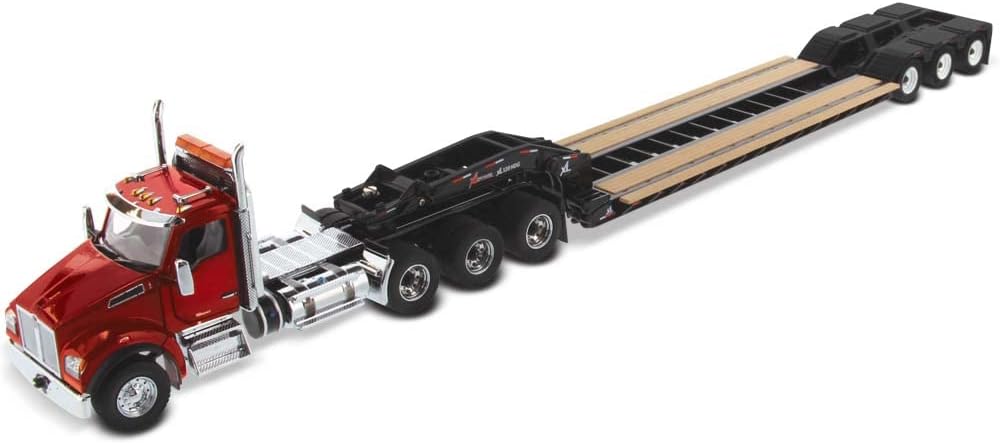Diecast Masters Kenworth T880 SFFA Tractor Truck - Red | Day Cab with XL 120 Low-Profile HDG Trailer | Outrigger Style with Jeep  2 Boosters | 1:50 Scale Model Semi Trucks | Diecast Model 71061