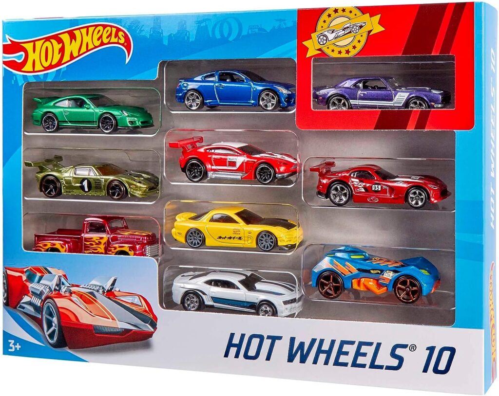 Hot Wheels Set of 10 Toy Cars  Trucks in 1:64 Scale, Race Cars, Semi, Rescue or Construction Trucks (Styles May Vary) [Amazon Exclusive]