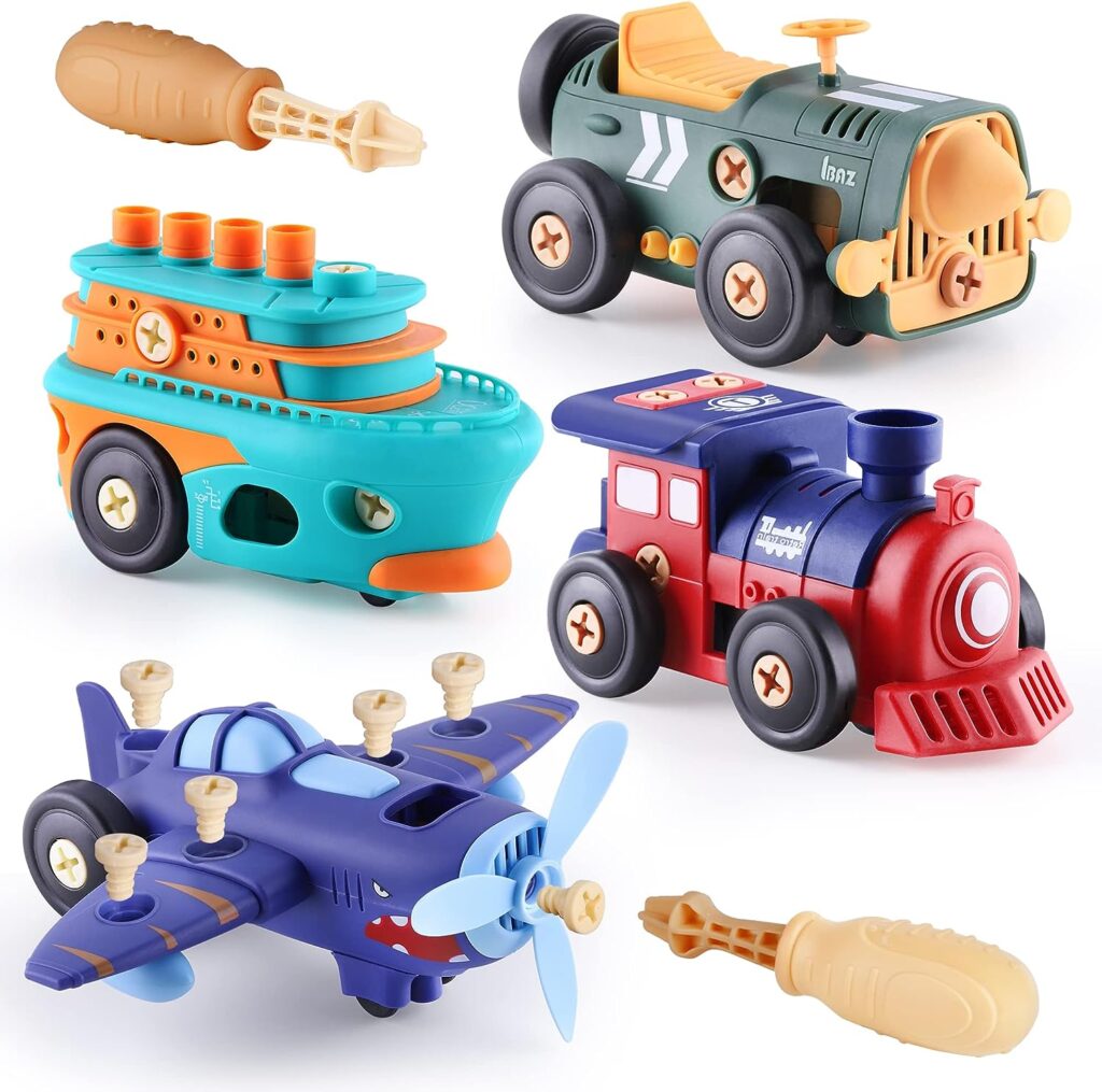 iPlay, iLearn Take Apart Toy Vehicle Playset, Kids Assembly Build Set W/Screwdriver, Vintage Electronic Motor Car Boat Airplane Train, Preschool STEM, Birthday Gifts for 3 4 5 6 7 Year Old Boys Girls