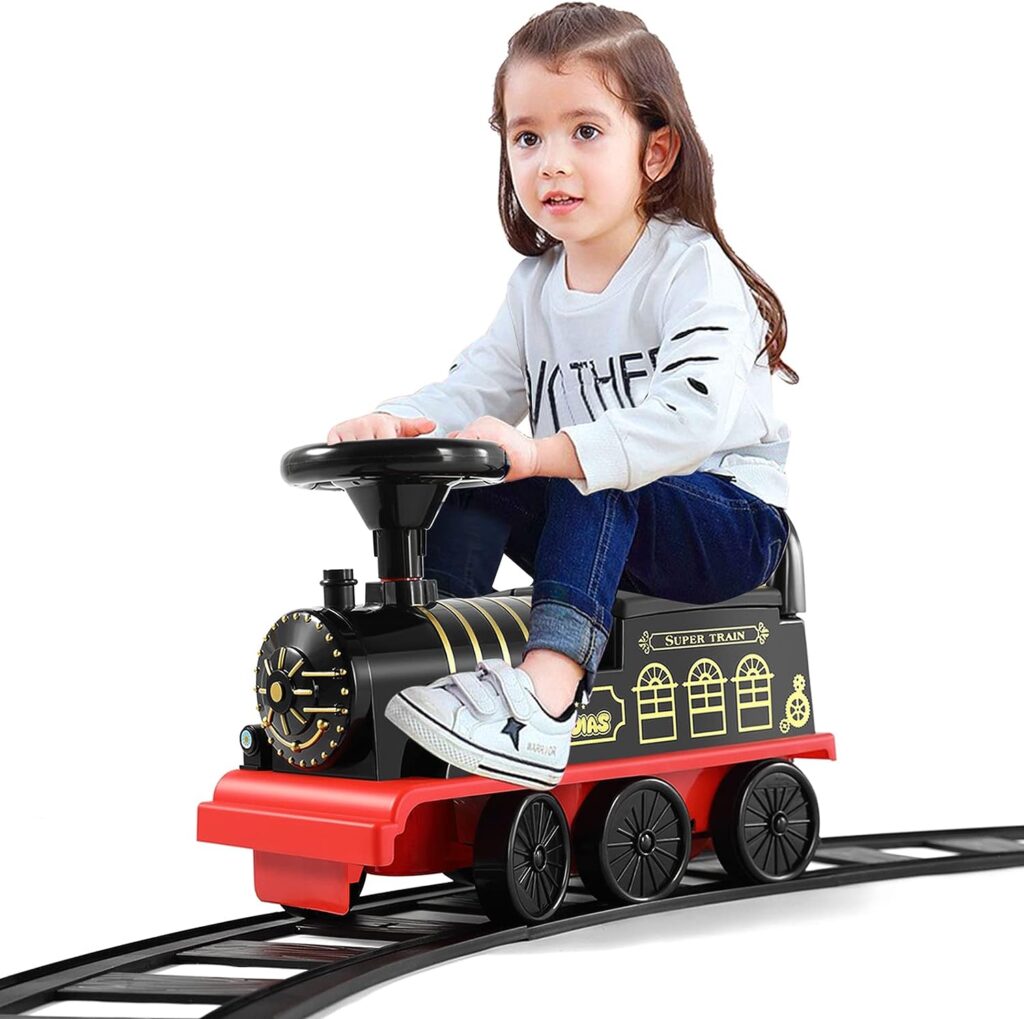 JOYLDIAS 3-in-1 Ride On Train with 16pcs Curved Tracks, 6V Electric Ride On Toy Train for Kids with Lights, Horns, Storage, Retractable Foot Pedals, Black