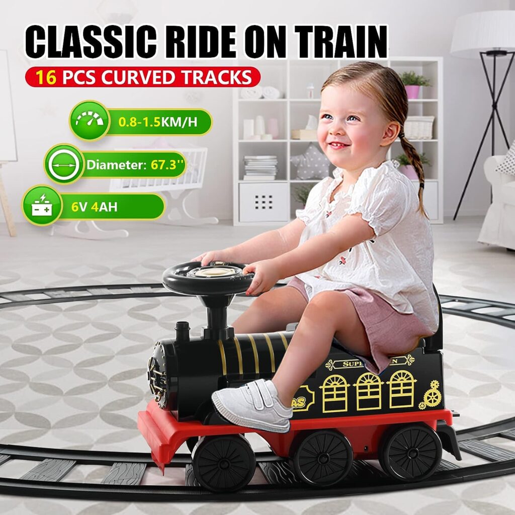 JOYLDIAS 3-in-1 Ride On Train with 16pcs Curved Tracks, 6V Electric Ride On Toy Train for Kids with Lights, Horns, Storage, Retractable Foot Pedals, Black