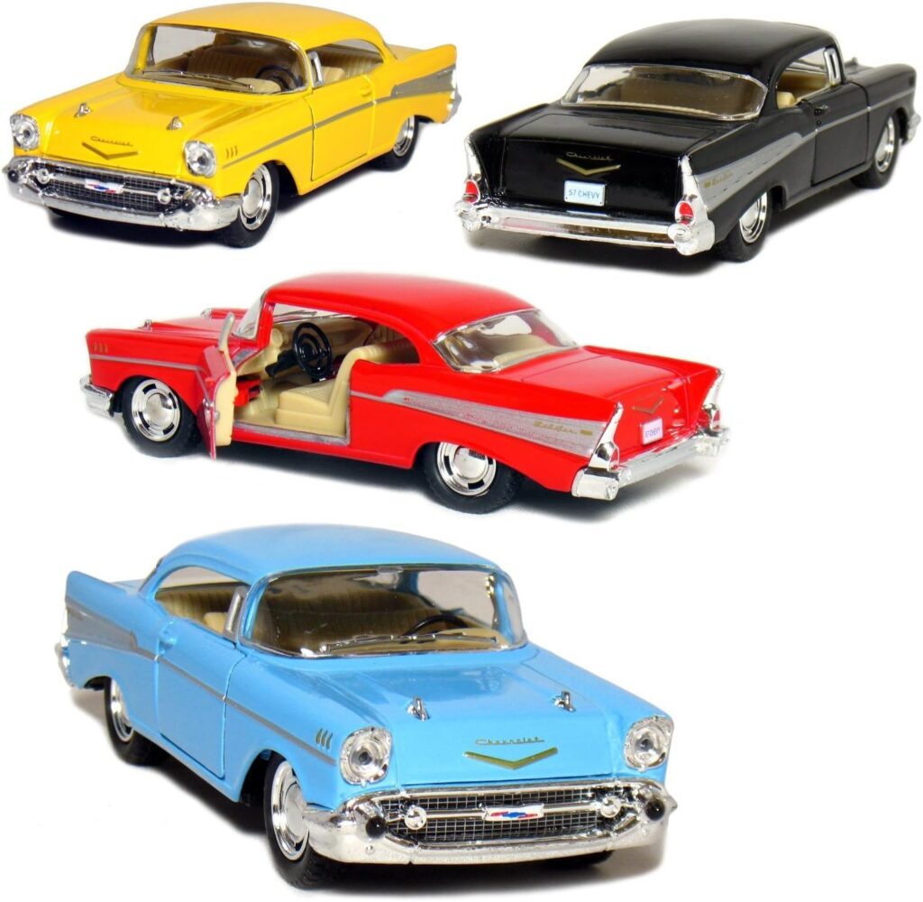 KiNSMART Set of 4: 1957 Chevy Bel Air Coupe 1:40 Scale (Black/Blue/Red/Yellow)