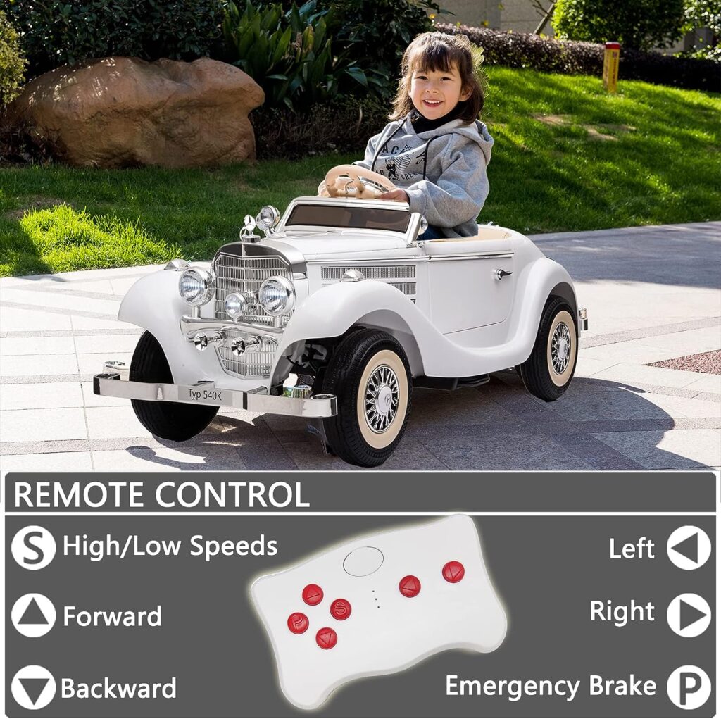 Large Ride On Car Compatible with Benz 12V Battery Powered Electric Vehicles with Remote Control for Kids 4WD Classic Ride on Toys with 2 Seater Parents-Child Ride on Car, White