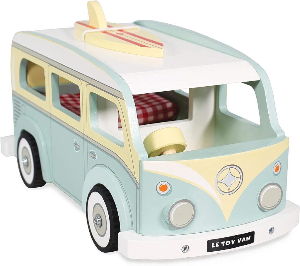 Le Toy Van - Cars  Construction Pretend Play Retro Wooden Holiday Campervan Toy Vintage Classic Style Play Set With Detachable Surfboard | Boys Play Vehicle Role Play Toys - Suitable For 3 Year Old +