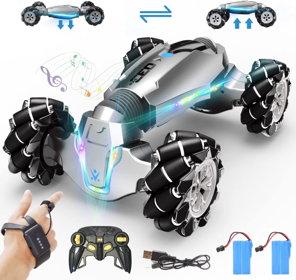 LOOZIX 1:10 Scale Gesture Sensing Rc Stunt Car, 4WD Remote Control Hand Controlled Transform , Double Sided Vehicle 360° Spins with Lights Music, All Terrains Monster Truck for Boys Kids