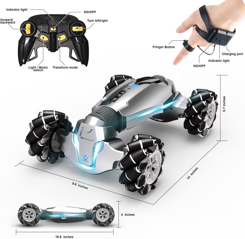 LOOZIX 1:10 Scale Gesture Sensing Rc Stunt Car, 4WD Remote Control Hand Controlled Transform , Double Sided Vehicle 360° Spins with Lights Music, All Terrains Monster Truck for Boys Kids