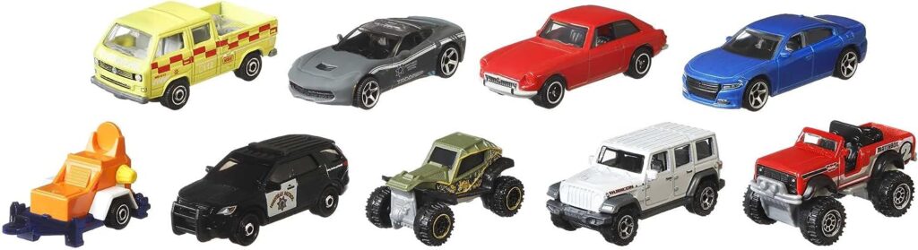 Matchbox Cars, 9-Pack Die-Cast 1:64 Scale Toy Cars, Construction or Garbage Trucks, Rescue Vehicles or Planes (Styles May Vary)