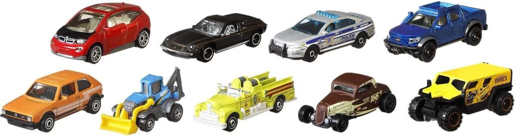 Matchbox Cars, 9-Pack Die-Cast 1:64 Scale Toy Cars, Construction or Garbage Trucks, Rescue Vehicles or Planes (Styles May Vary)