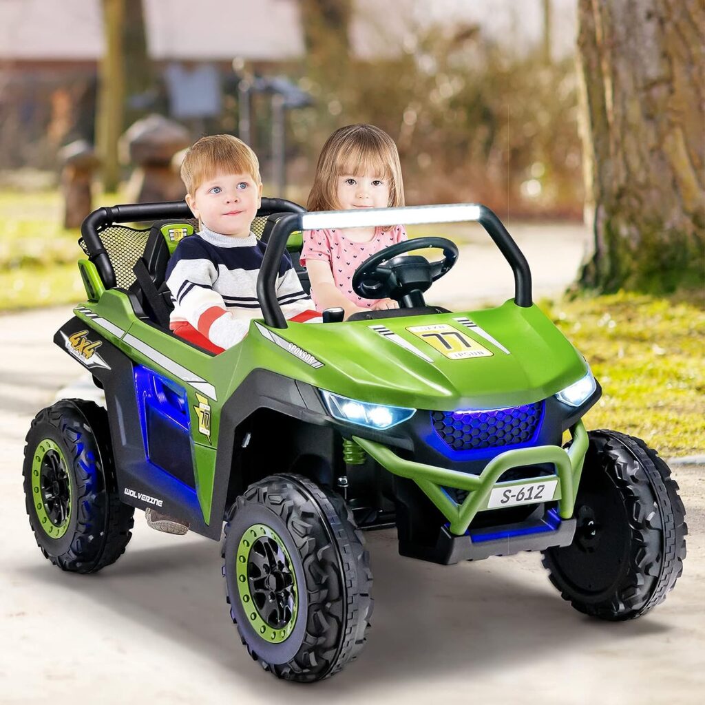 OLAKIDS 2 Seater Kids Ride On UTV, 12V Electric Truck Car with Remote Control, Battery Powered Vehicle with 4 Wheels Suspension, Music, Bluetooth, MP3, USB, FM, Horn (Green)