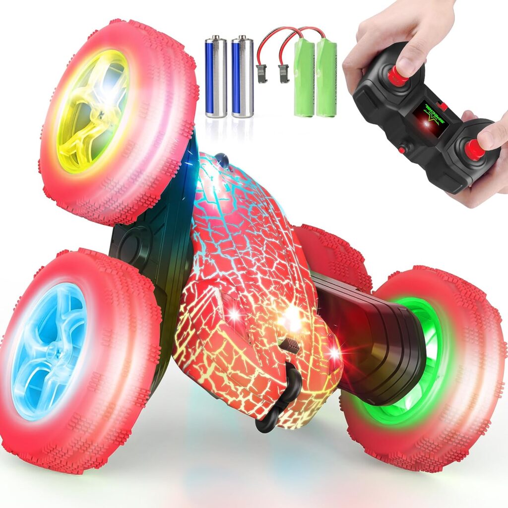 OrrenteRemote RC Cars Kids Remote Control Car, Double Sided RC Truck with 360 Flips, 4WD 2.4Ghz Remote Control Truck with Wheel Lights and Headlights RC Car Toys Gifts for 6 Year Old Girl Boys (Red)
