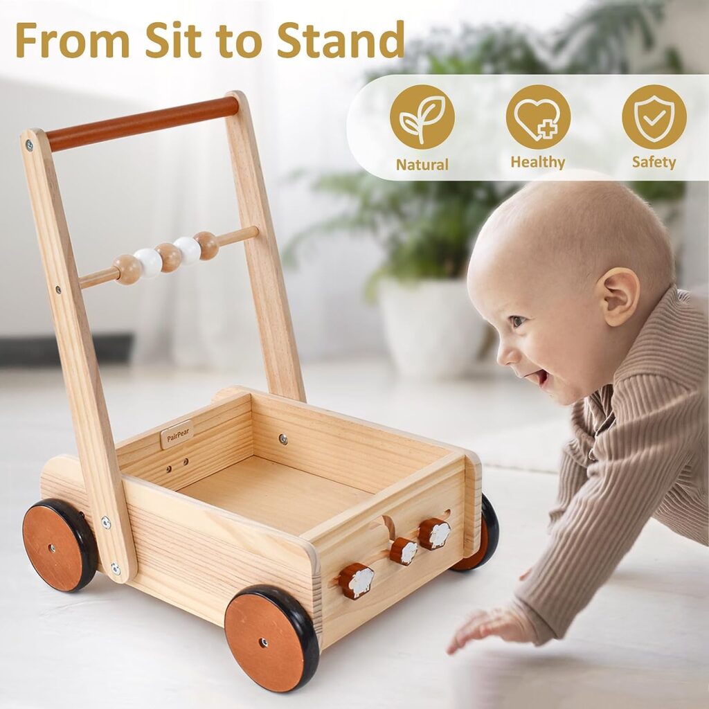 PairPear Wooden Baby Walker Push Toys,Adjustable Speed Push Walkers for Babies Learning to Walk,Wooden Push and Pull Walking Toys for Toddlers 1-3