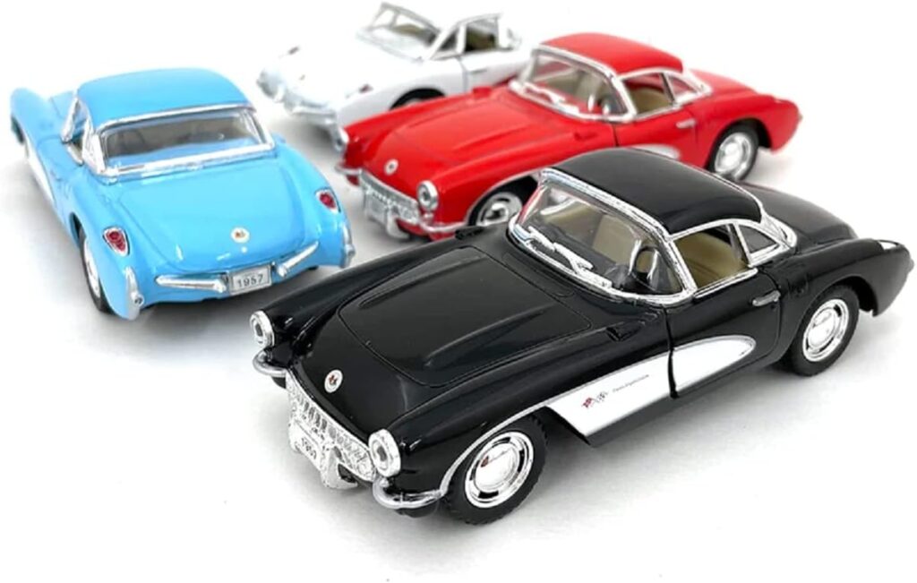 Set of 4: 5 1957 Chevy Corvette 1:34 Scale (Black/Blue/Red/White) by Kinsmart