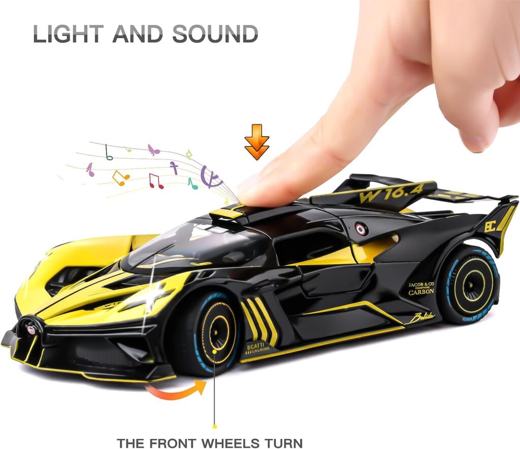 Toy Car Model for Bugatti Compatible with 1:24 Bugatti Bolide Alloy Diecast Car Toy with Lights and Music, Pull Back Car Toys for Kids Boys Girls Gift (Yellow)