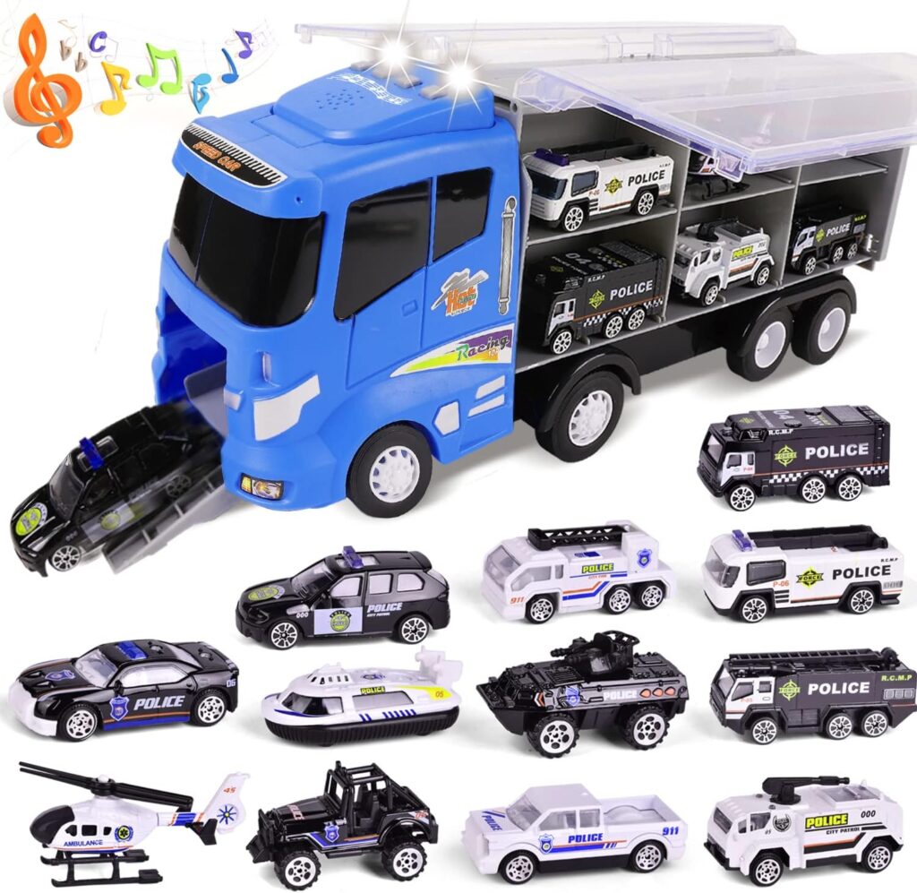 FUN LITTLE TOYS 12 in 1 Die-cast Police Car with Lights and Sounds, Transport Truck Car Carrier Toy with Mini Police Vehicles Gifts for Toddler Kids Boys Ages 3+