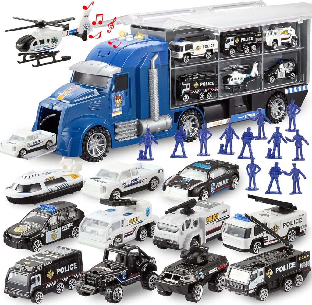 JOYIN 25 in 1 Die-cast Police Rescue Truck Car Toy Set with Sounds and Lights, Mini Police Vehicles in Carrier Truck, Play Police Patrol, Birthday Gifts for Over 3 Years Old Boys
