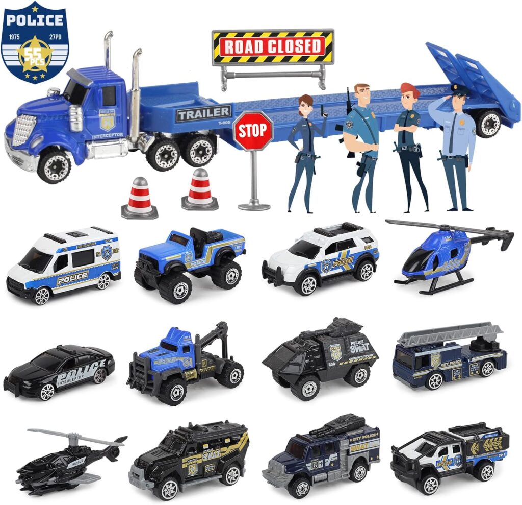 Oriate Die-cast Police Rescue City S.W.A.T. Car Toys Set w/Heavy Duty Trailer  Police Patrol Cartoon Stickers, 12 Packs Mini Police Vehicles 1/64 Scale, for Boys Girls Birthday Holiday
